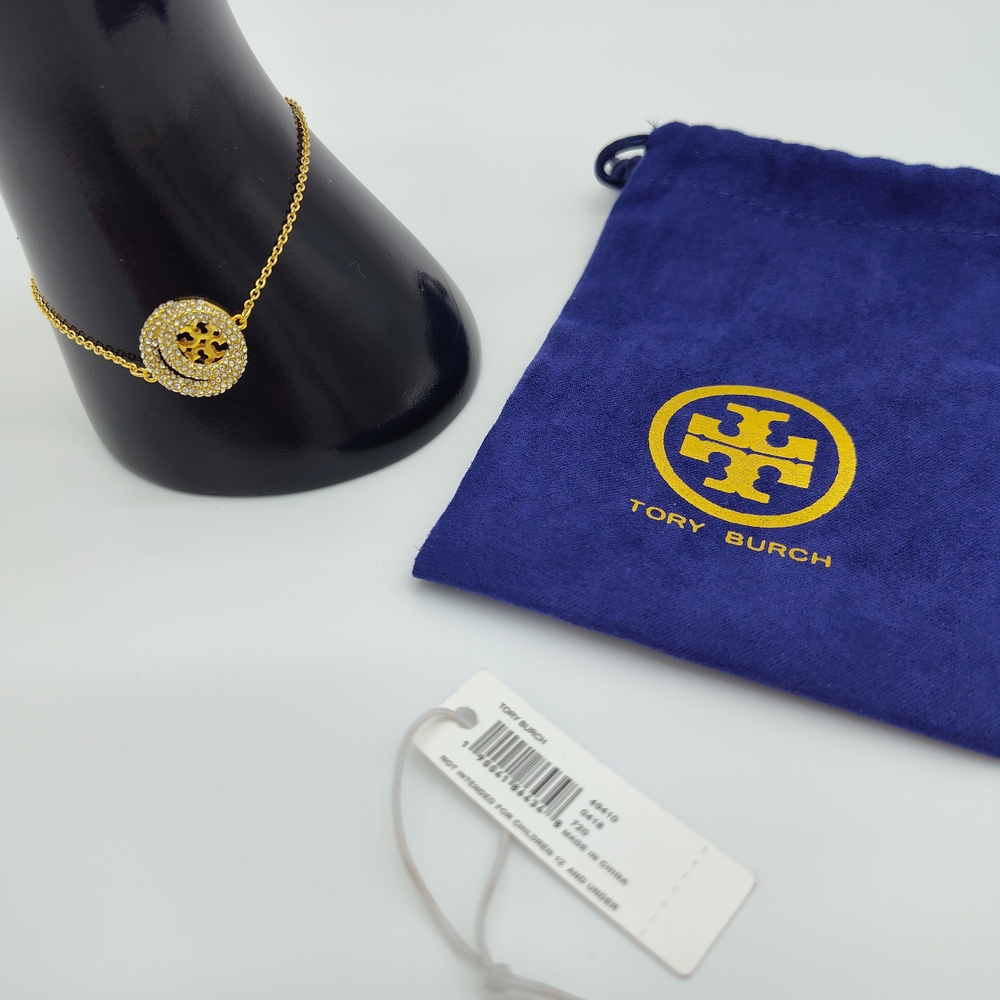 TORY BURCH Gold Pavé Miller Logo Adjustable Bracelet NWT Crystal With Dust Bag - Picture 5 of 6